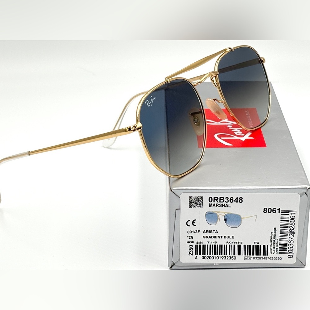 Ray-Ban Sunglasses Marshal II RB3648 Aviator Gold Hexagon Frame Light Blue 360 - Picture 5 of 15